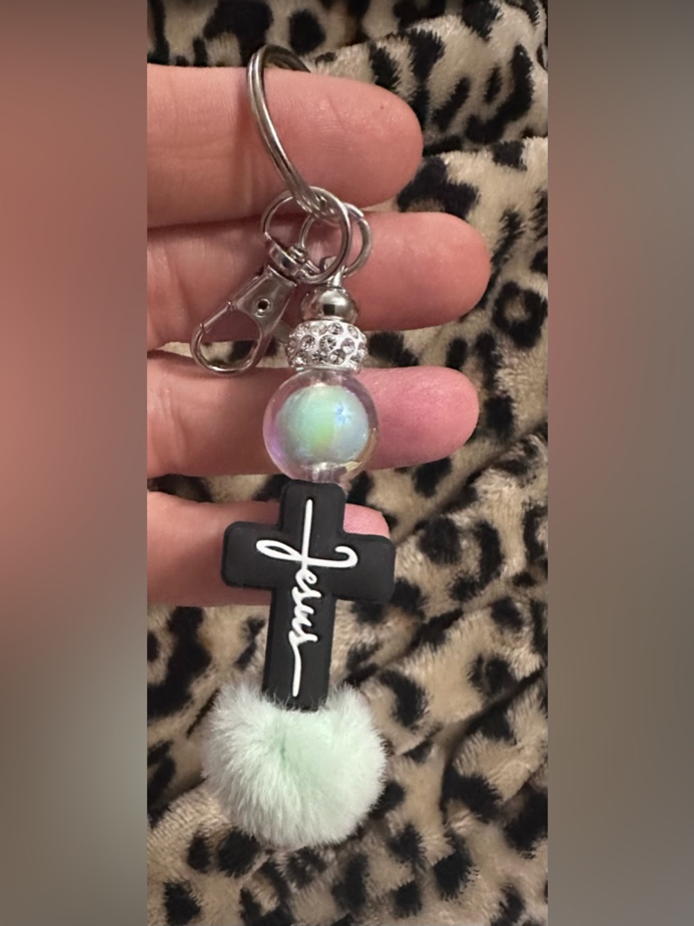 Jesus Cross Keychain with Iridescent Bead and Mint Pom